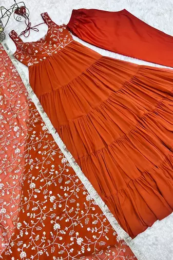 Rust heavy Faux georgette fully flair anarkali pant with dupatta