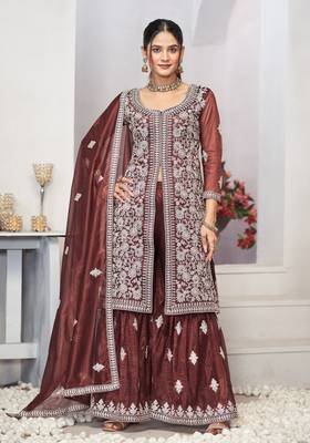 Enchanting brown zari embroidered with sequins & real mirror work twill net semi-stitched salwar kameez 1