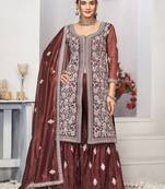 Enchanting brown zari embroidered with sequins & real mirror work twill net semi-stitched salwar kameez