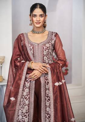 Enchanting brown zari embroidered with sequins & real mirror work twill net semi-stitched salwar kameez 3