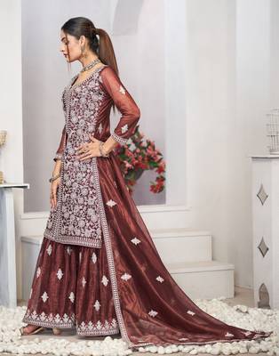 Enchanting brown zari embroidered with sequins & real mirror work twill net semi-stitched salwar kameez 4
