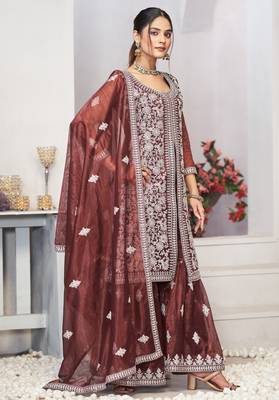 Enchanting brown zari embroidered with sequins & real mirror work twill net semi-stitched salwar kameez 5