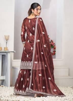 Enchanting brown zari embroidered with sequins & real mirror work twill net semi-stitched salwar kameez 6