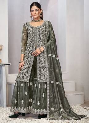 Mesmerizing olive green zari embroidered with sequins & real mirror work twill net indian designer salwar suit 1