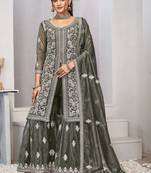 Mesmerizing olive green zari embroidered with sequins & real mirror work twill net indian designer salwar suit