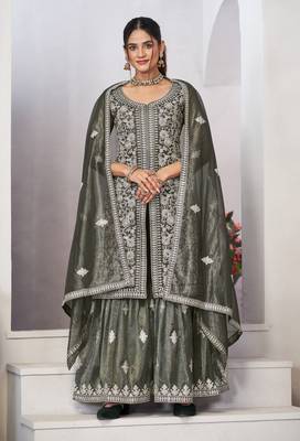 Mesmerizing olive green zari embroidered with sequins & real mirror work twill net indian designer salwar suit 4