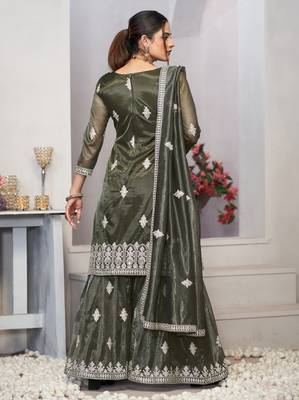 Mesmerizing olive green zari embroidered with sequins & real mirror work twill net indian designer salwar suit 5