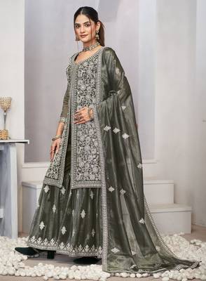 Mesmerizing olive green zari embroidered with sequins & real mirror work twill net indian designer salwar suit 6
