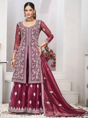 Catching purple zari embroidered with sequins & real mirror work twill net latest design indian salwar kameez dress 1