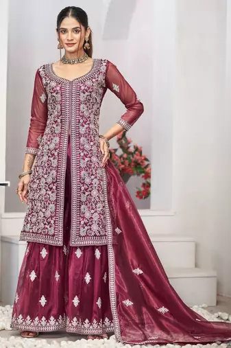 Catching purple zari embroidered with sequins & real mirror work twill net latest design indian salwar kameez dress
