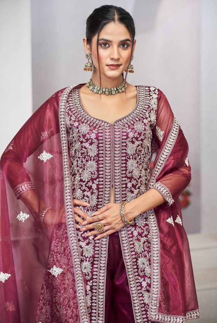 Catching purple zari embroidered with sequins & real mirror work twill net latest design indian salwar kameez dress