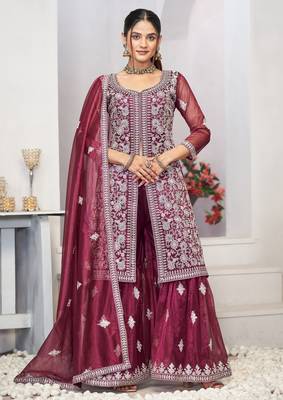 Catching purple zari embroidered with sequins & real mirror work twill net latest design indian salwar kameez dress 4