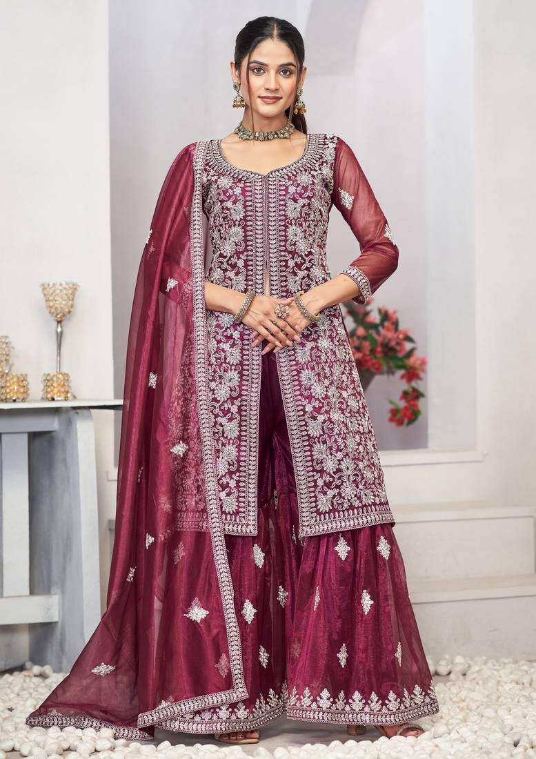 Catching purple zari embroidered with sequins & real mirror work twill net latest design indian salwar kameez dress