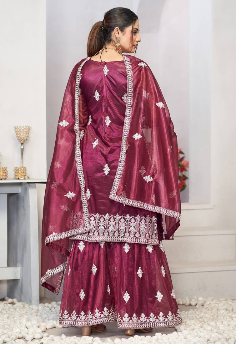 Catching purple zari embroidered with sequins & real mirror work twill net latest design indian salwar kameez dress