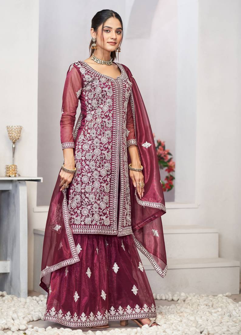 Catching purple zari embroidered with sequins & real mirror work twill net latest design indian salwar kameez dress