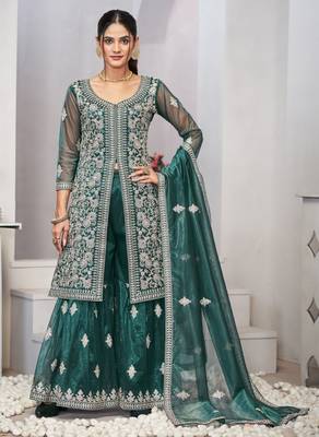 Delightful turquoise zari embroidered with sequins & real mirror work twill net indian wedding salwar kameez 1