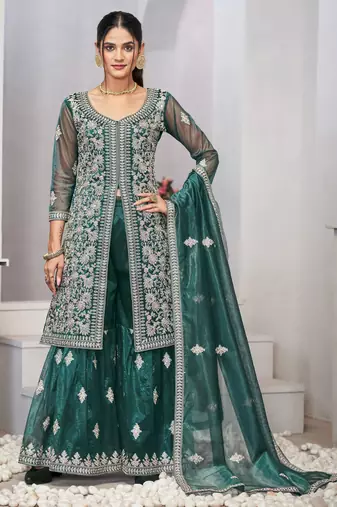Delightful turquoise zari embroidered with sequins & real mirror work twill net indian wedding salwar kameez