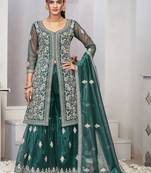 Delightful turquoise zari embroidered with sequins & real mirror work twill net indian wedding salwar kameez
