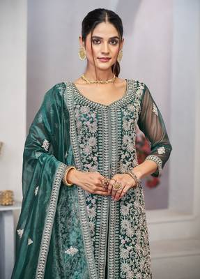 Delightful turquoise zari embroidered with sequins & real mirror work twill net indian wedding salwar kameez 3