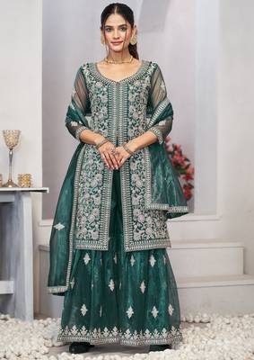 Delightful turquoise zari embroidered with sequins & real mirror work twill net indian wedding salwar kameez 4