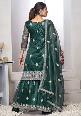 Delightful turquoise zari embroidered with sequins & real mirror work twill net indian wedding salwar kameez 5