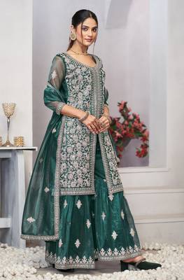 Delightful turquoise zari embroidered with sequins & real mirror work twill net indian wedding salwar kameez 6