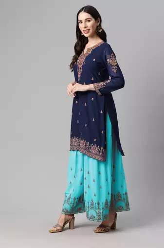 Enchanting blue thread and sequins embroidered georgette semi-stitched salwar kameez