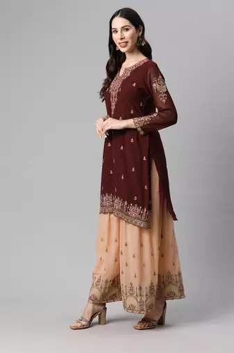 Mesmerizing brown thread and sequins embroidered georgette indian designer salwar suit