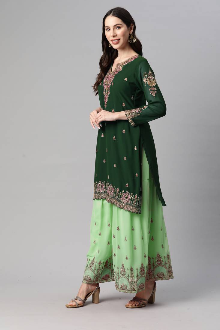 Catching green thread and sequins embroidered georgette latest design indian salwar kameez dress