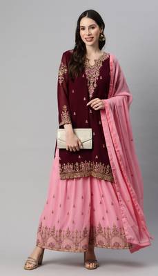 Delightful purple thread and sequins embroidered georgette indian wedding salwar kameez 1