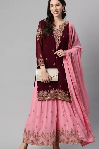 Delightful purple thread and sequins embroidered georgette indian wedding salwar kameez