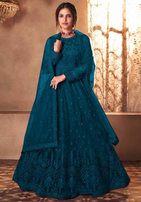 teal blue dori embroidered with diamond work net semi-stitched anarkali gown type salwar kameez 1