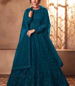 teal blue dori embroidered with diamond work net semi-stitched anarkali gown type salwar kameez