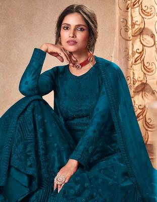 teal blue dori embroidered with diamond work net semi-stitched anarkali gown type salwar kameez 2