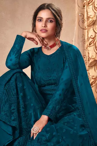 teal blue dori embroidered with diamond work net semi-stitched anarkali gown type salwar kameez