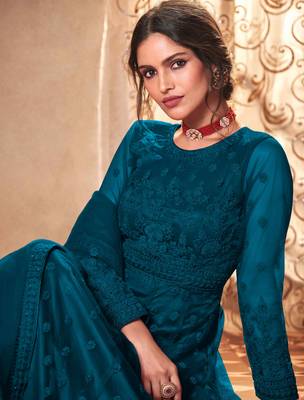 teal blue dori embroidered with diamond work net semi-stitched anarkali gown type salwar kameez 3