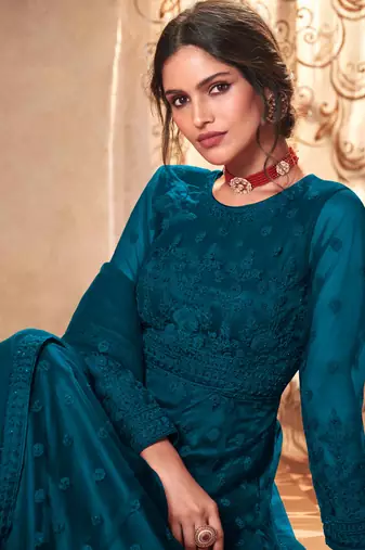 teal blue dori embroidered with diamond work net semi-stitched anarkali gown type salwar kameez