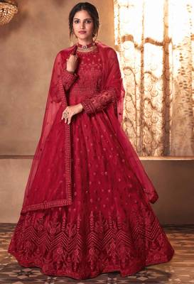 red dori embroidered with diamond work net anarkali gown type salwar kameez 1