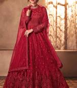 red dori embroidered with diamond work net anarkali gown type salwar kameez
