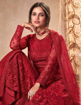 red dori embroidered with diamond work net anarkali gown type salwar kameez 2