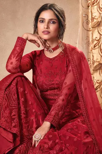 red dori embroidered with diamond work net anarkali gown type salwar kameez