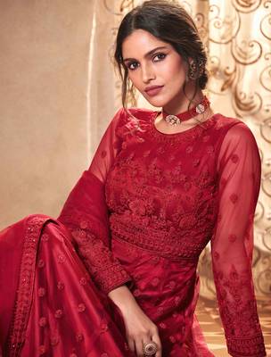 red dori embroidered with diamond work net anarkali gown type salwar kameez 3