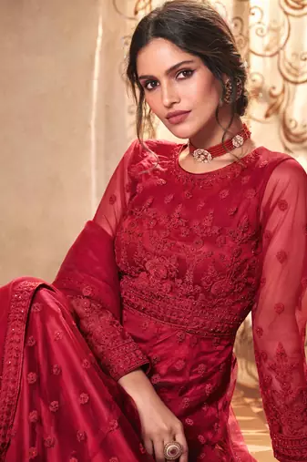 red dori embroidered with diamond work net anarkali gown type salwar kameez