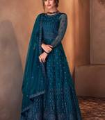 teal blue dori embroidered with diamond work net semi-stitched anarkali gown type salwar kameez