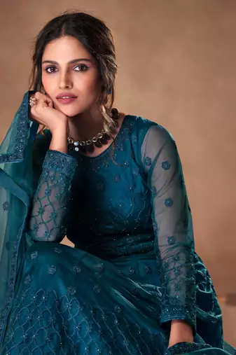 teal blue dori embroidered with diamond work net semi-stitched anarkali gown type salwar kameez