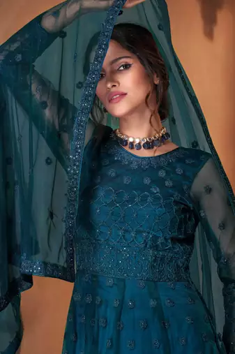 teal blue dori embroidered with diamond work net semi-stitched anarkali gown type salwar kameez
