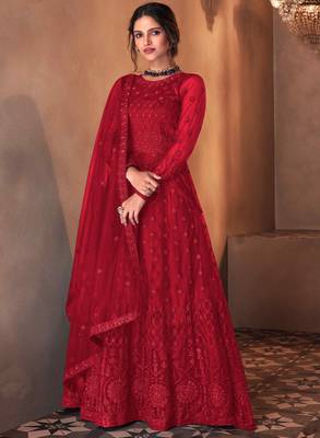 red dori embroidered with diamond work net anarkali gown type salwar kameez 1