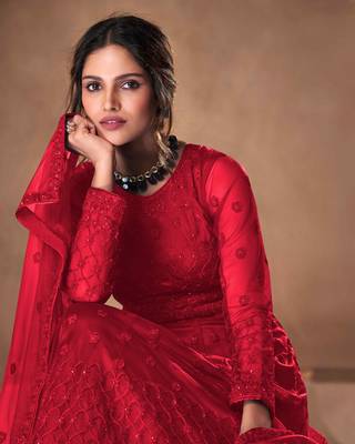 red dori embroidered with diamond work net anarkali gown type salwar kameez 2