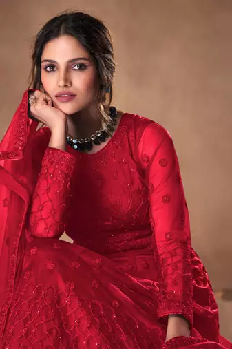 red dori embroidered with diamond work net anarkali gown type salwar kameez