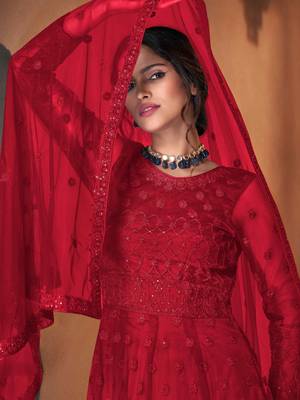 red dori embroidered with diamond work net anarkali gown type salwar kameez 3
